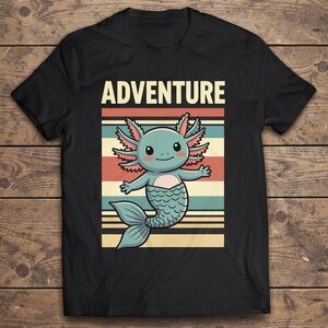 Gildan Black Tee with Teal Axolotl Mermaid Graphic